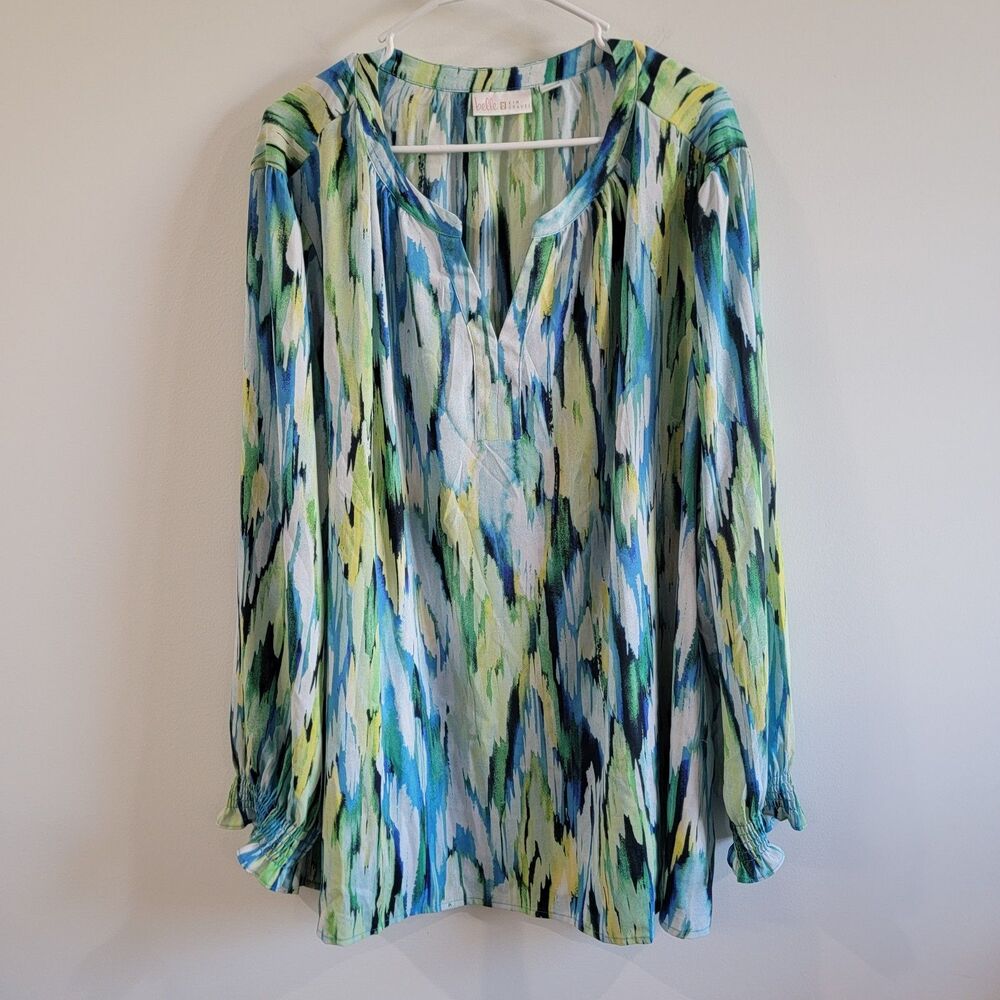 Belle Kim‎ Gravel Womens Top Size 4X Art To Wear Colorful Vneck Blue Green